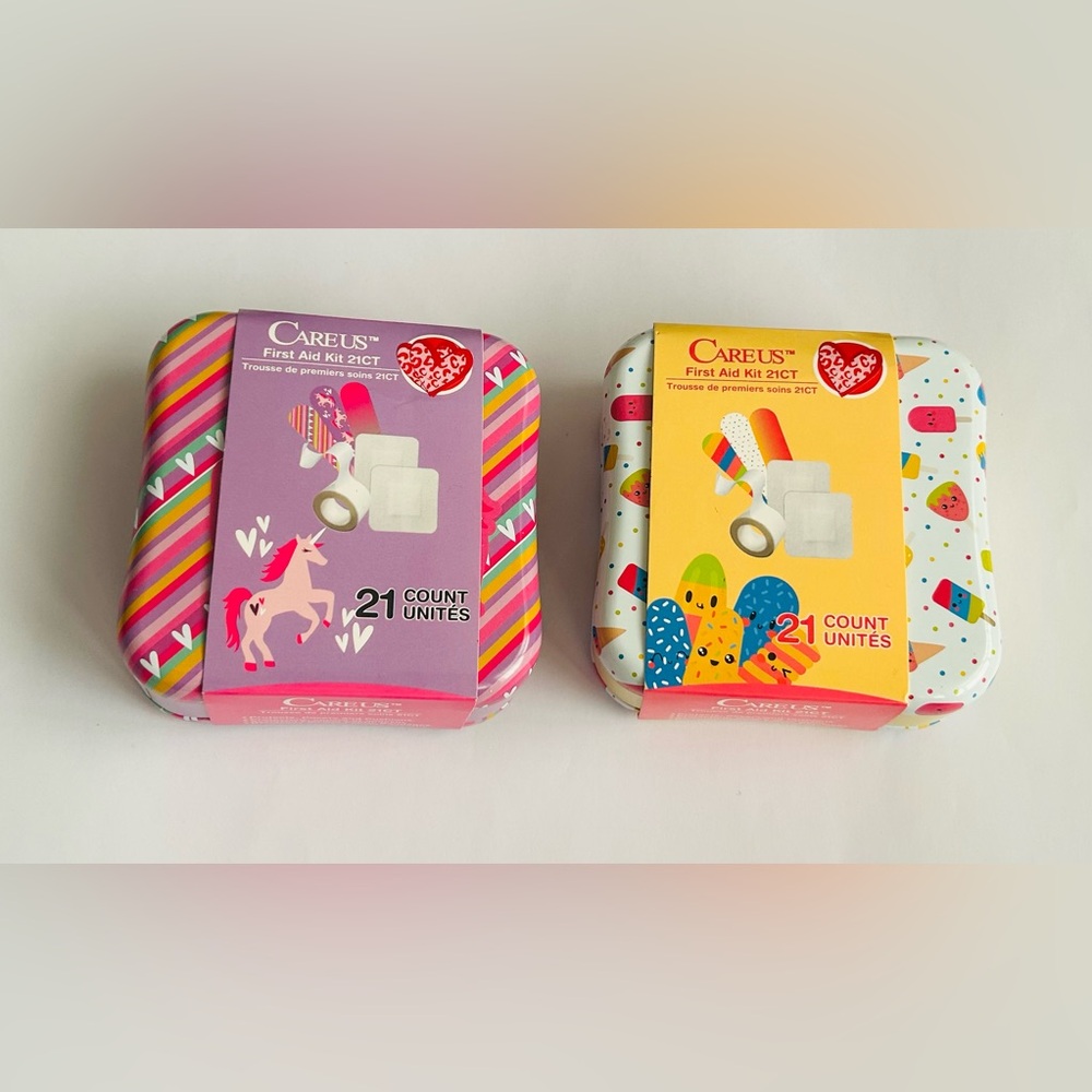 New 2 Careus First Aid 21 Piece Kits Unicorns and Ice Cream Design Metal Boxes
